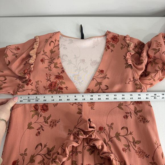 Mother of Pearl Dress Womens 10 Pink Crepe Midi Floral V-Neck Ruffle Cottage - Picture 11 of 16
